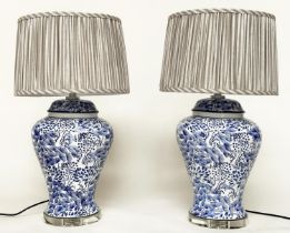 TABLE LAMPS, a pair, Chinese 'La Foret' blue and white ceramic table lamp, of lidded vase form (with