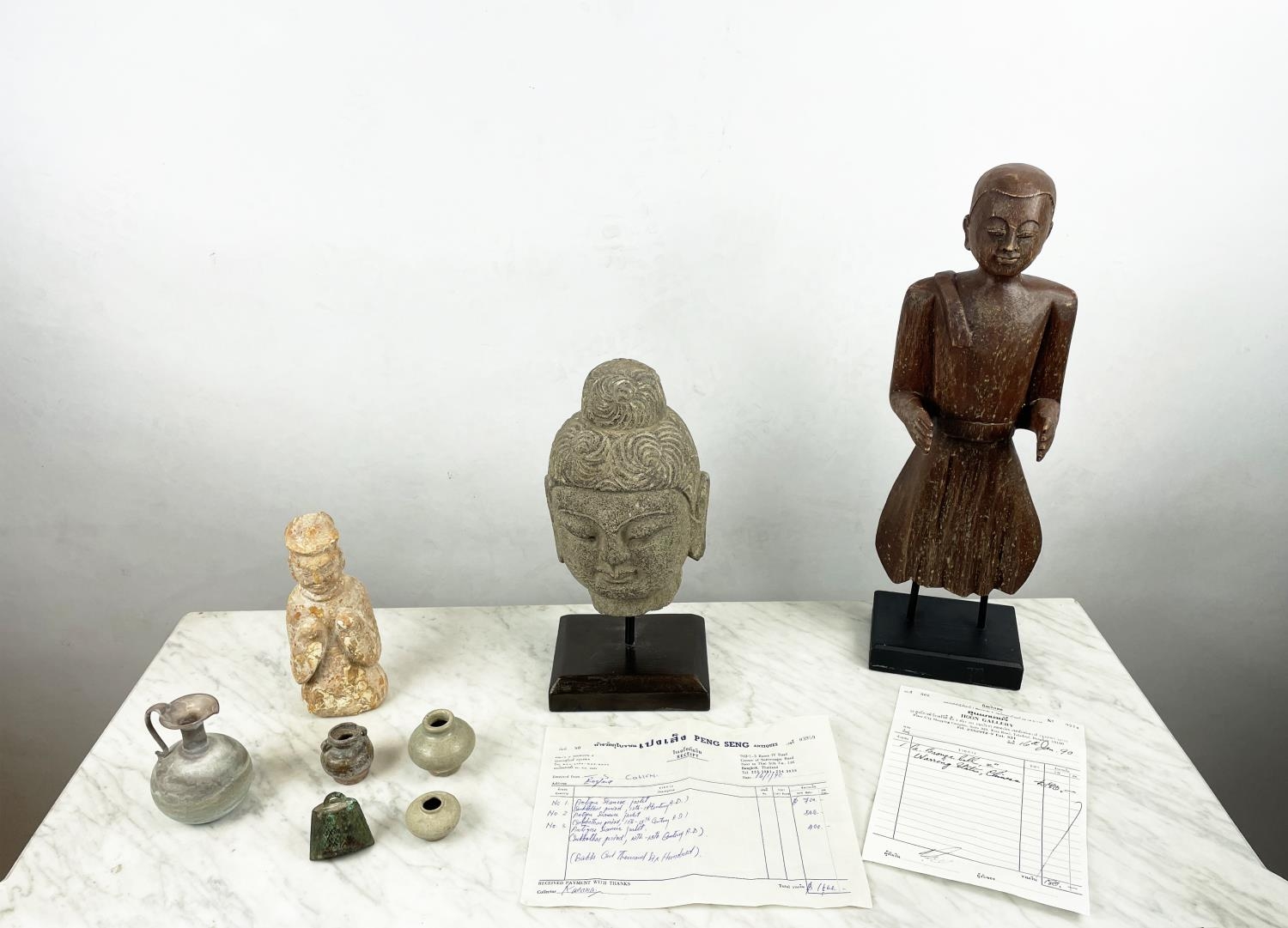 A CARVED STONE BUDDHA HEAD ON STAND, an Oriental wood figure and a glazed pottery figure along - Image 6 of 7