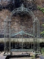 ARCHITECTURAL GARDEN GATE, Regency style, faux verdigris finished metal, 250cm x 85cm x 38cm.