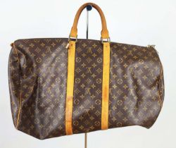 LOUIS VUITTON KEEPALL 55, monogram coated canvas with leather handles and all around trims, padlock,