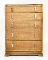ART DECO CHEST, grained oak with five long drawers, 76cm W x 46cm D x 112cm H.