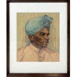 INDIAN SCHOOL c.1920, 'Portrait of a Man in Blue Turban', watercolour, 44cm x 37cm, framed.