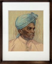 INDIAN SCHOOL c.1920, 'Portrait of a Man in Blue Turban', watercolour, 44cm x 37cm, framed.