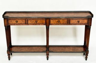 HALL TABLE BY THEODORE ALEXANDER, burr walnut with gilt metal gallery and mounts with four frieze