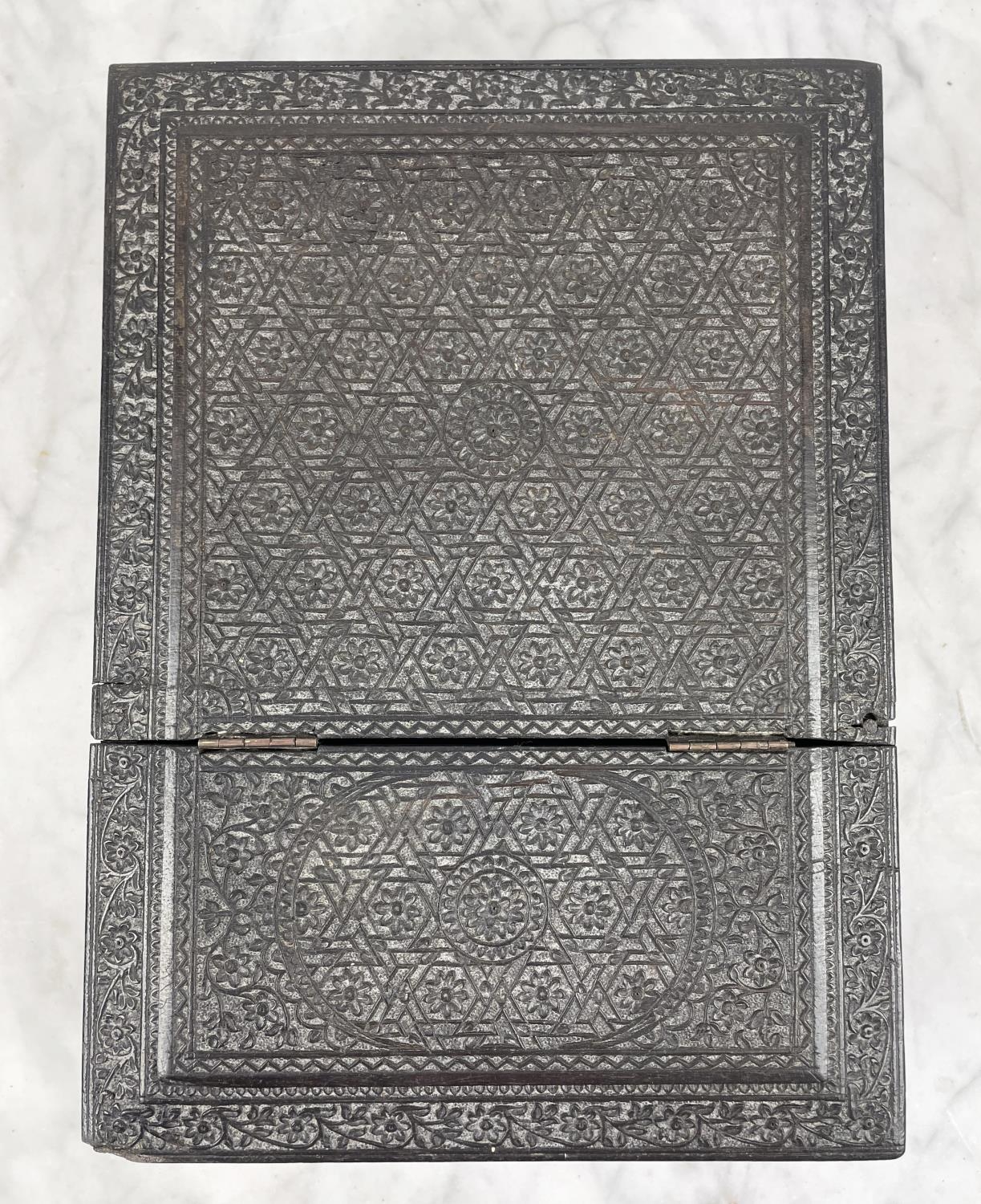 JEWELLERY BOX, 19th century Anglo-Indian ornately carved ebony with hinged lid and fitted - Image 6 of 8