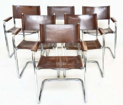 DINING ARMCHAIRS, a set of six, chrome cantilevered with stitched mid brown natural hide leather. (
