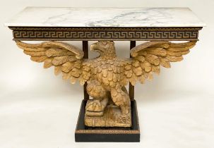 CONSOLE TABLE, William Kent style breche violette marble top, Greek key frieze, carved limewood