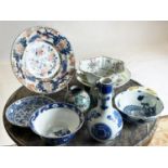 A QUANTITY OF CHINA, including Chinese blue and white, an 18th century Imari plate and a pair of