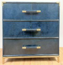 CHEST OF DRAWERS, blue leathered finish, three drawers, 99cm x 46cm x 86.5cm.