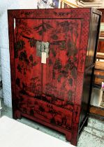 MARRIAGE CABINET, 19th century Chinese scarlet lacquered and silvered metal mounted with two