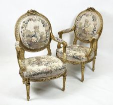 FAUTEUILS, 101cm H x 60cm W, a pair, 19th century French giltwood with Aubusson tapestry covers. (2)