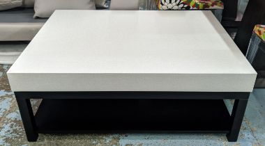 LOW TABLE, 43cm high, 111cm long, 86cm wide, contemporary neutral fabric upholstered top, ebonised