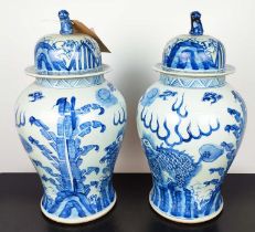 TEMPLE JARS, 52cm high, 28cm diameter, a pair, Chinese Export style blue and white ceramic. (2)