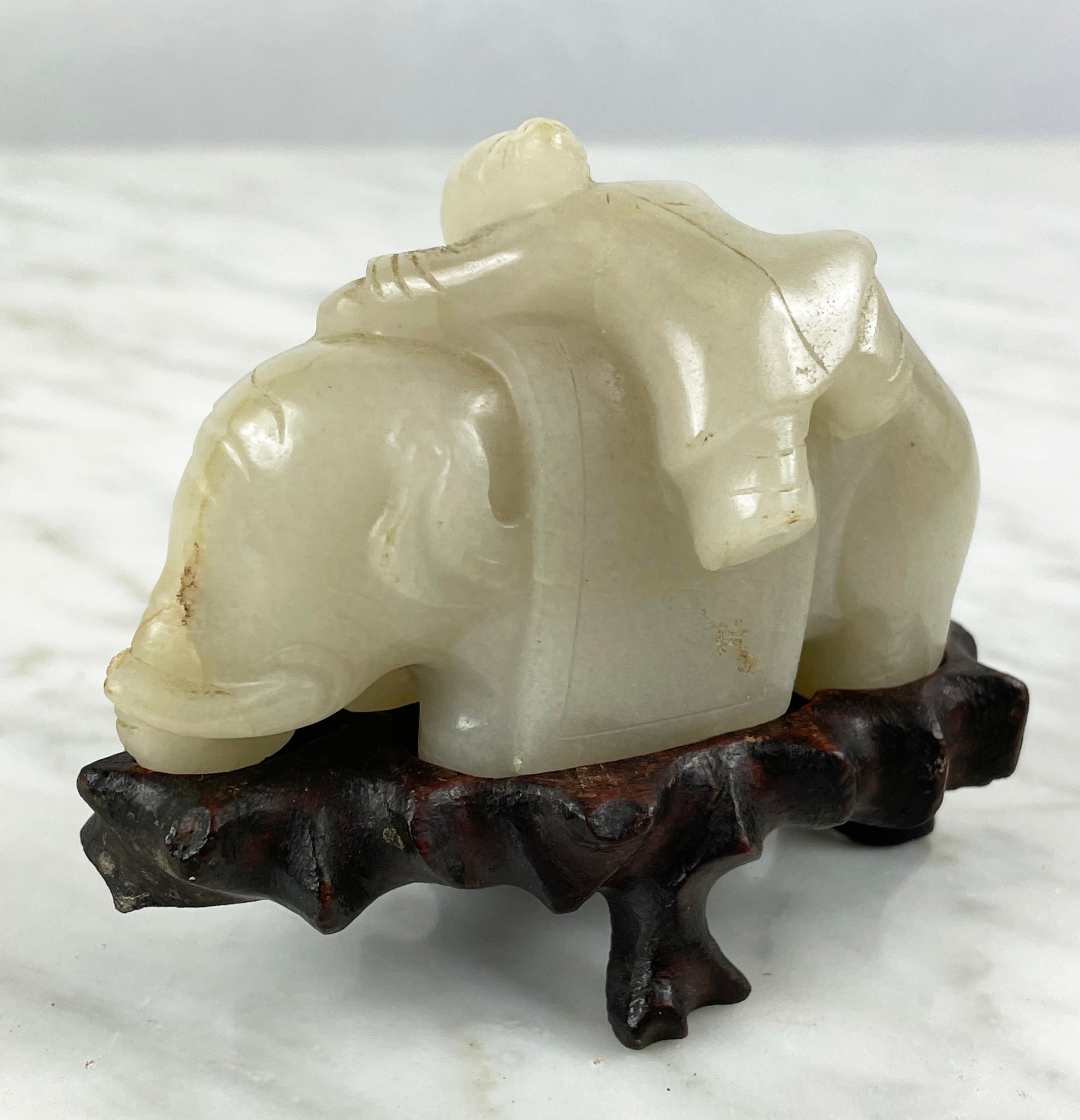 CHINESE PALE CELEDON JADE CARVED ELEPHANT AND BOY, 9cm L x 8cm H. - Image 3 of 6