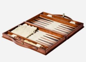 BACKGAMMON SET, in tan leathered case, complete with counters, 7cm x 23cm x 40cm.