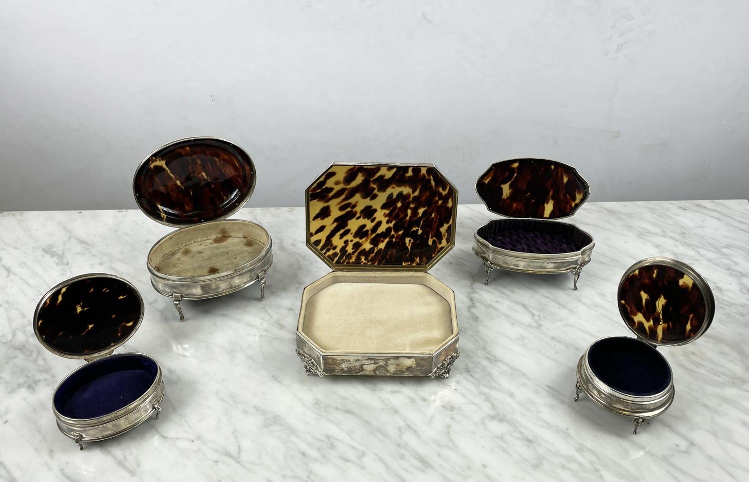 EDWARDIAN DRESSING TABLE BOXES, five various, four silver, tortoiseshell and silver pique work all - Image 10 of 10