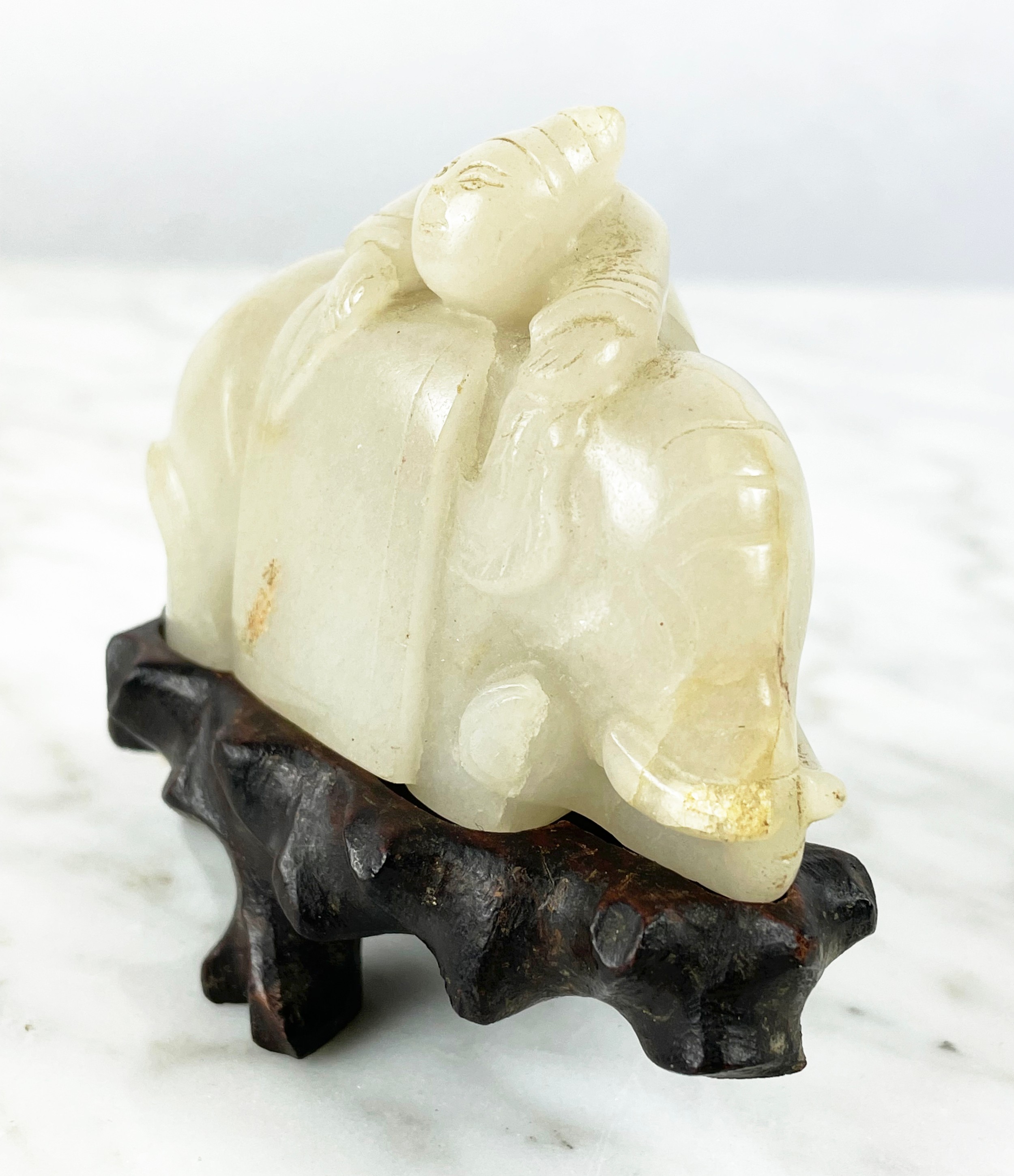 CHINESE PALE CELEDON JADE CARVED ELEPHANT AND BOY, 9cm L x 8cm H. - Image 2 of 6
