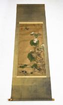 CHINESE SCROLL, watercolour on silk depicting a pair of ducks beneath lotus blooms and butterflied