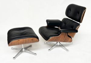 AFTER CHARLES AND RAY EAMES LOUNGE CHAIR AND OTTOMAN, black leather and moulded plywood with