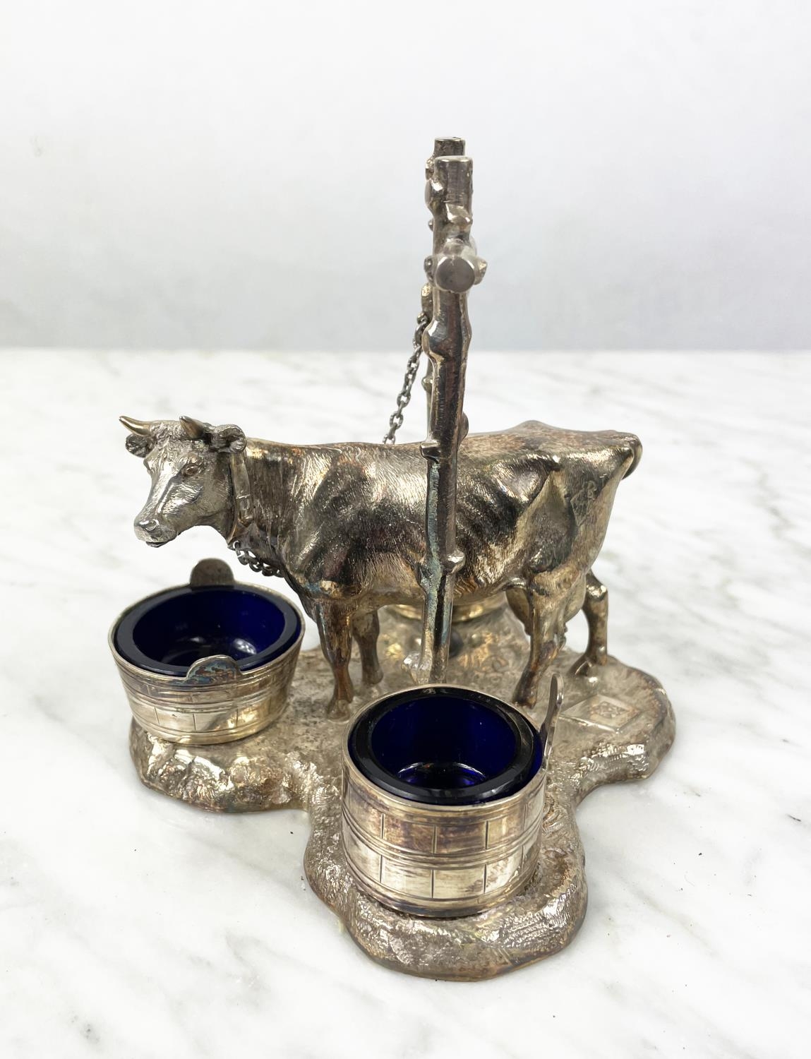 CRUET STAND, Victorian silver plated, having a tethered dairy cow with three pails with glass liners - Image 10 of 10