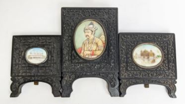 INDIAN MINIATURES, a set of three, ornate carved wood frames, largest 14.5cm x 9.5cm overall. (3)