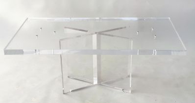 LUCITE LOW TABLE, rectangular on x form conforming base, 120cm x 60cm x 48cm H.