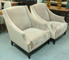 ARMCHAIRS, a pair, velvet upholstered, with differing neutral fabric backs, 80cm W each. (2)