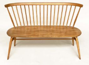 'ERCOL' HALL BENCH, 1970s beech and elm with slightly arched spindle-back attributed to 'Ercol',