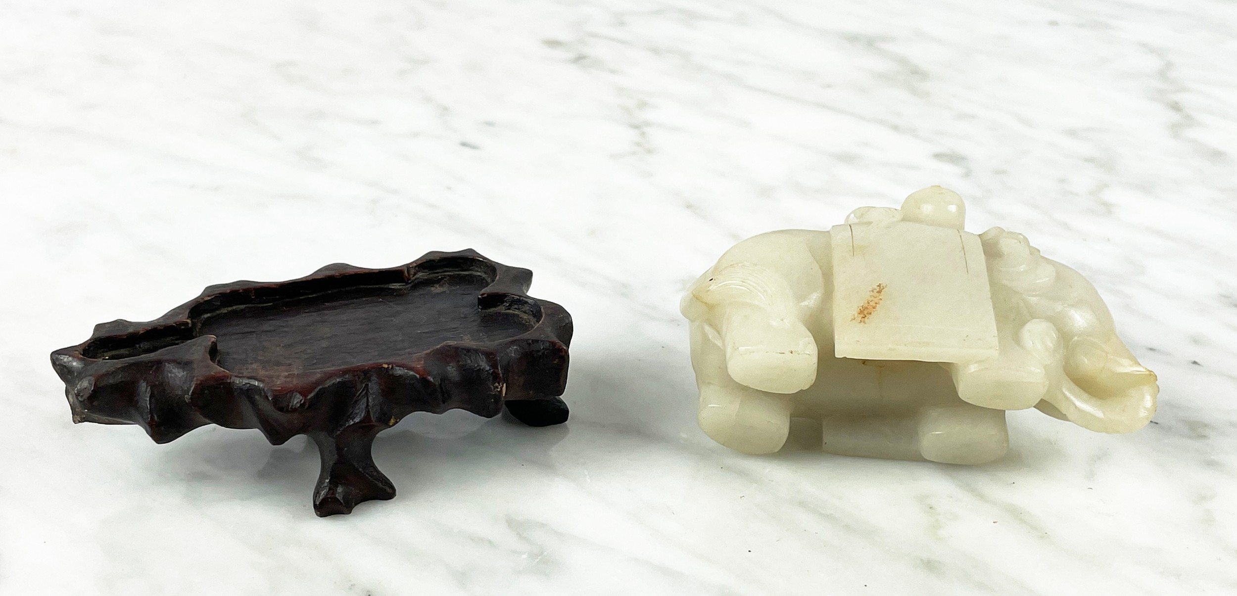 CHINESE PALE CELEDON JADE CARVED ELEPHANT AND BOY, 9cm L x 8cm H. - Image 6 of 6