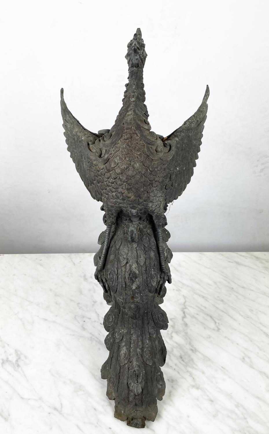 JAPANESE MEIJI BRONZE PHOENIXES, a pair, weathered, 65cm H. (2) - Image 3 of 9