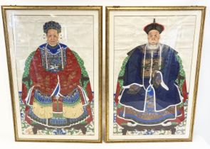 CHINESE SCHOOL, 19th/20th century Ancestor portraits, watercolour, 140cm x 89cm, framed, a pair. (2)