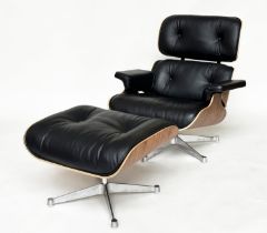 AFTER CHARLES AND RAY EAMES LOUNGE CHAIR AND OTTOMAN, black leather and moulded plywood with