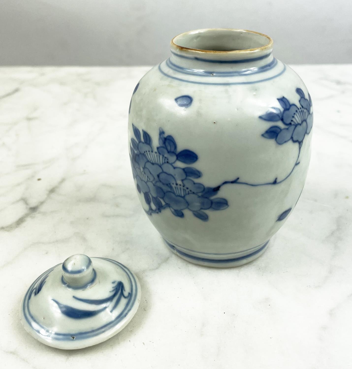 HATCHER CARGO SMALL LIDDED VASES, a pair, in blue and white foliate decoration, 13cm H. (2) - Image 6 of 7