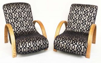 HEAL'S BANANA LOUNGE CHAIRS, a pair, with oak bentwood arms, 76cm W. (2)