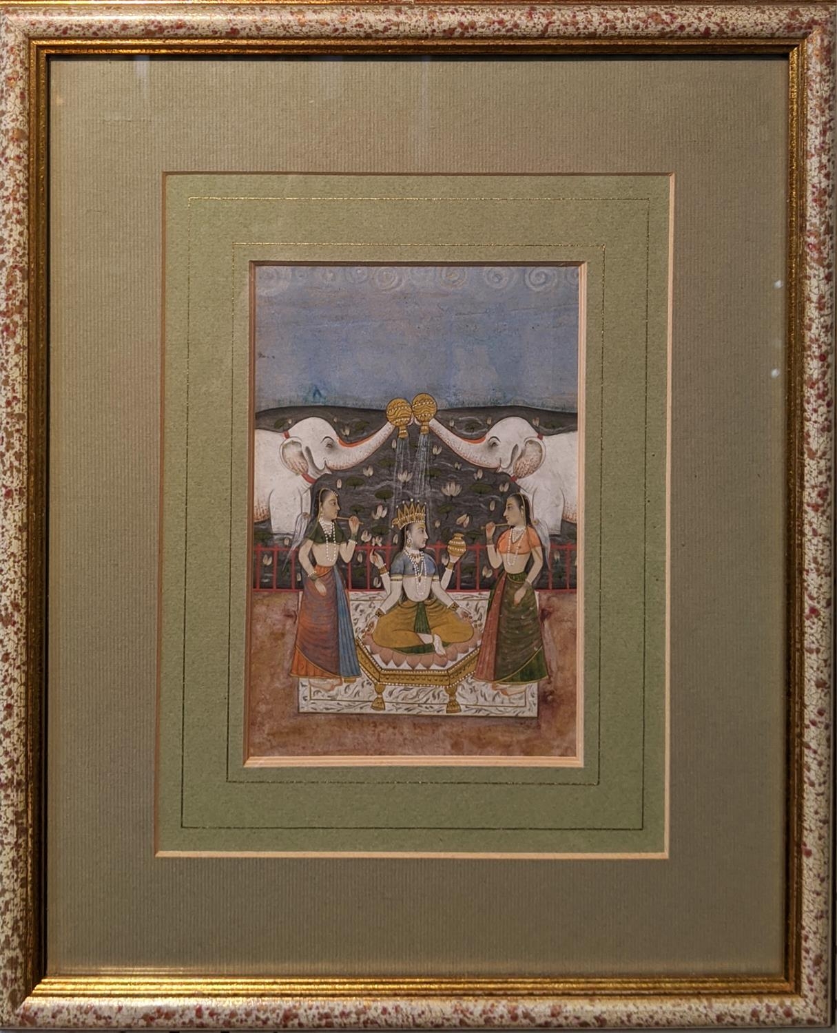 MEWAR SCHOOL, 18th century 'Laxmi flanked by attendants and elephants', gouache, 17cm x 12cm,