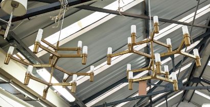CEILING LIGHTS, a pair, gilt metal, glass shades, one 109cm drop, the other 141cm drop. (2)