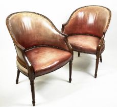 LIBRARY TUB CHAIRS, a pair, 85cm H x 62cm, George III style mahogany and leather upholstered. (2)