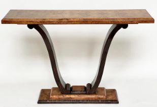 ART DECO CONSOLE TABLE, burr walnut and zebra wood veneered and banded, rectangular, with splayed