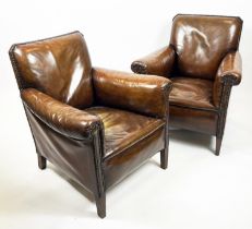 CLUB ARMCHAIRS, 79cm H x 69cm, a pair, early 20th century close nailed brown leather circa 1910. (2)