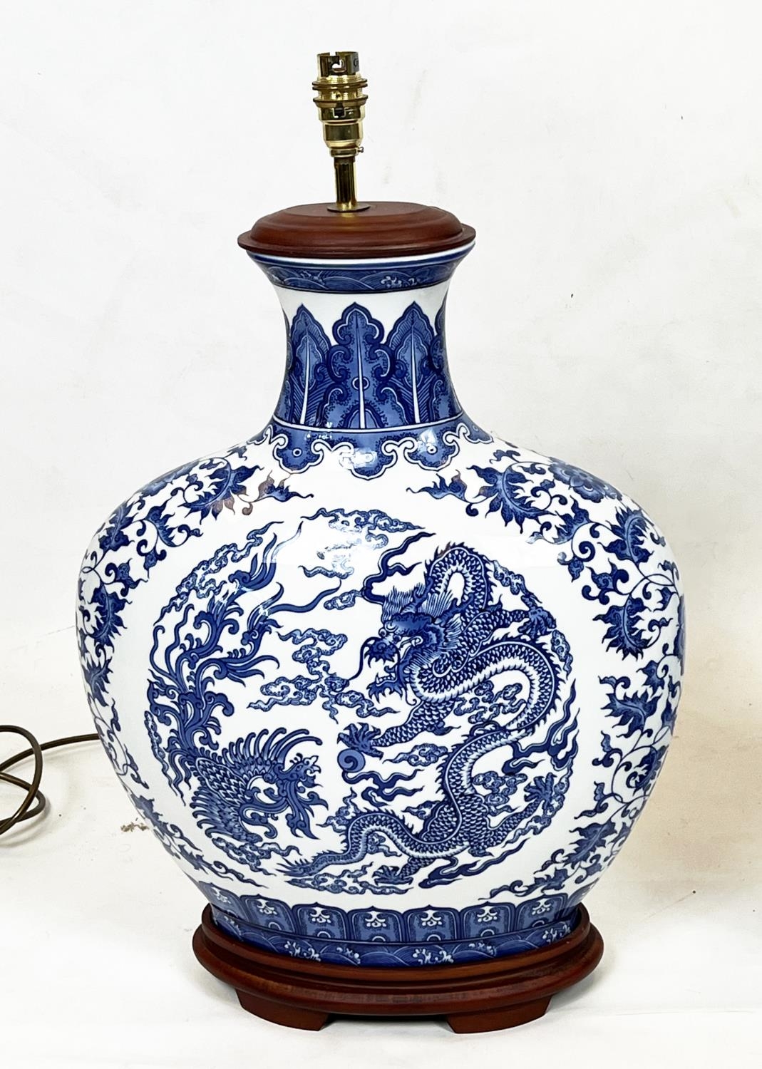 CHINESE MOONFLASK LAMPS, a pair, decorated with a five claw dragon chasing the flaming pearl of - Image 3 of 4