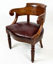 FAUTEUIL DE BUREAU, 77cm H x 60cm, Louis Philippe mahogany with burgundy leather seat.