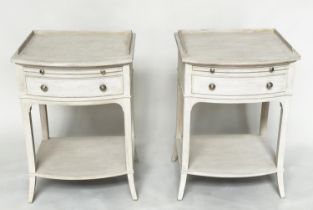 BEDSIDE/LAMP TABLES, a pair, American grey painted each bowfronted with drawer, slide and undertier,