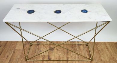 CONSOLE TABLE, 97cm x 30cm x 76cm, stone top with inlaid agate detail, gilt metal base.