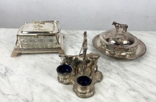 CRUET STAND, Victorian silver plated, having a tethered dairy cow with three pails with glass liners