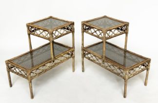 LAMP/BEDSIDE TABLES, a pair, rattan, bamboo, wicker panelled and cane bound each, glazed with two
