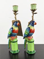 CANDEL STICKS, a pair, in the form of parrots, glazed ceramic, gilt mounts, 32cm H each. (2)