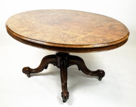 LOO TABLE, 72cm H x 145cm x 110cm, Victorian burr walnut and walnut, circa 1860, with oval tilt