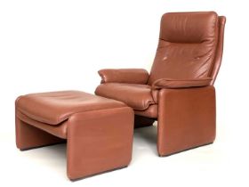 DE SEDE LOUNGE CHAIR AND STOOL, stitched tan hide with reclining back (seat pull) and matching