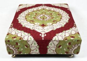 HEARTH STOOL, 37cm H x 115cm W x93cm D, red and green crewel work covered on brass cstors.