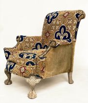ARMCHAIR, early 20th century Queen Anne style walnut with 'trefoil' tapestry upholstery and carved